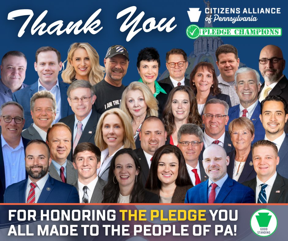 THANK YOU!

Here are the PA house and senate members that have signed the Citizens Alliance of PA pledge and vote on principle.

If your legislator is not a signer... have them sign today to DOGE PA!

You can see our pledge here: teamcap.org/pledge

@EmpowerPA <a href="/ThePAChase/">PA Chase</a>