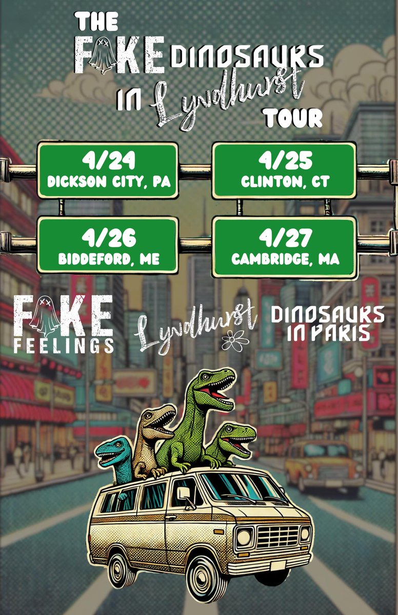 We're stoked to announce that we're headed back to New England with some of our favorite dudes in tow. We'll be hitting the road with Fake Feelings and Dinosaurs in Paris to bring you the Fake Dinosaurs in Lyndhurst tour this April.

Let's get weird 🌸💜
#lyndhurst #poppunk #tour