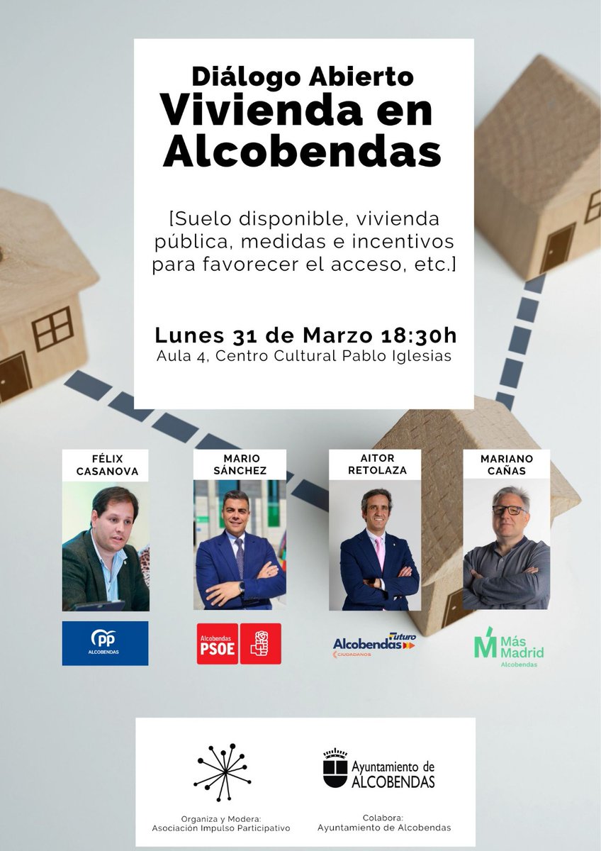 IPalcobendas's tweet photo. 📌 Os invitamos a asistir al evento "Vivienda en Alcobendas", que celebraremos el próximo Lunes día 31 a las 18:30h en el Centro Cultural Pablo Iglesias. 

👉 Dialogarán sobre un tema de gran interés público representantes de  partidos políticos municipales. https://t.co/V4KVG6xvZ9