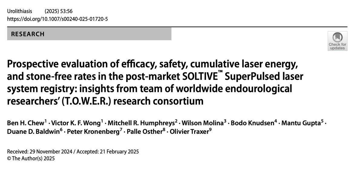This registry data shows SOLTIVE TFL laser is good for both hard and soft stones with 3mo SFR of 73% (kidney) and 85.7% (ureter). link.springer.com/article/10.100…