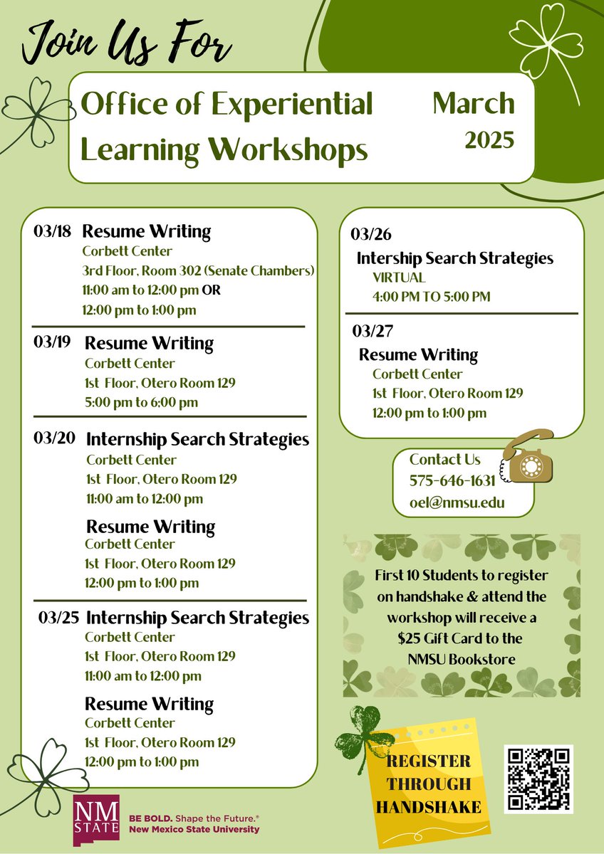 Aggies! Join our Office of Experiential Learning Workshops! ✍️📚️📖 Register through Handshake! ⁠
⁠
#NMSU #NMstate #Aggies #OEL #officeofexperientiallearning #Workshops #Handshake