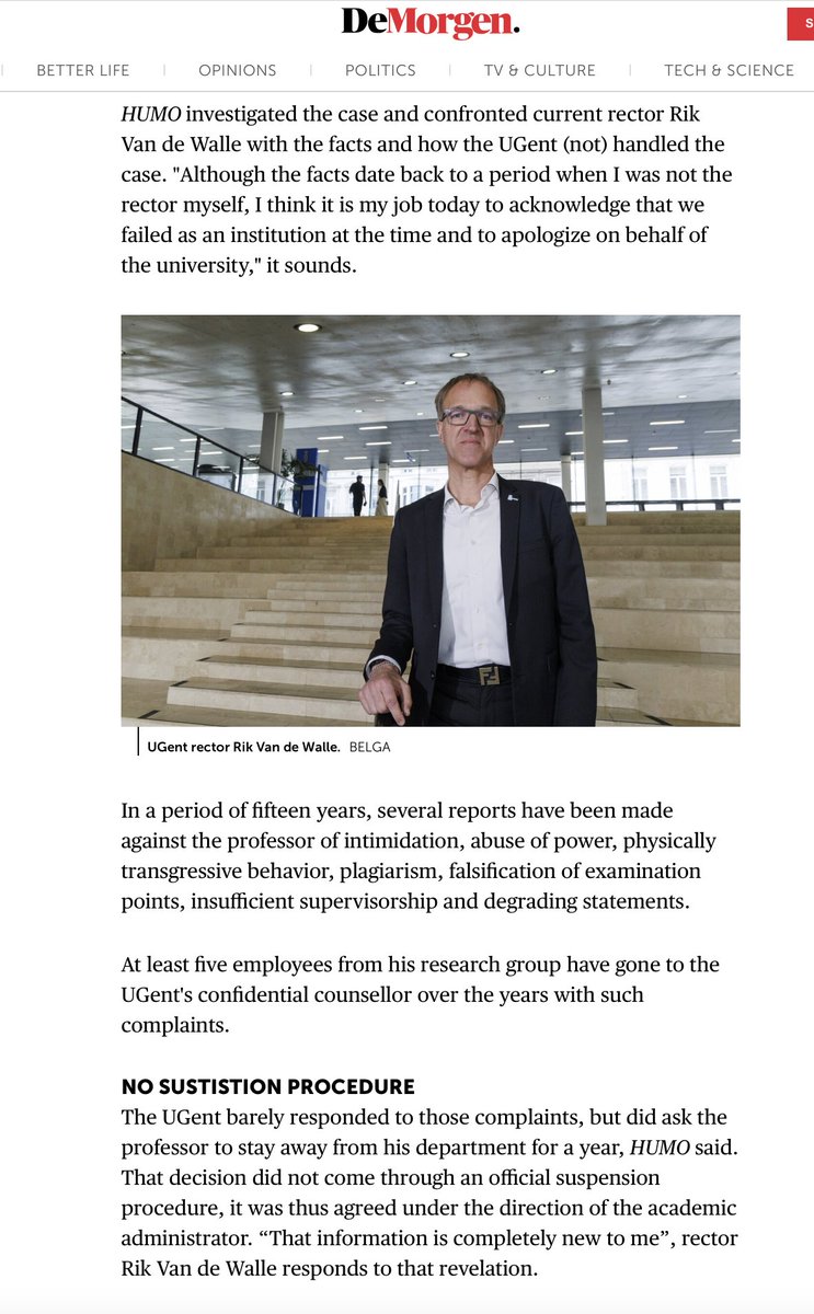 What kind of people do they have <a href="/ugent/">UGent</a>? One of their most famous professors, Carl Devos, who just now deleted his twitter profile (@devoscarl), has been outed as a bully and sexual predator! As usual, the university swept it under the rug! <a href="/rvdwalle/">Rik Van de Walle</a>