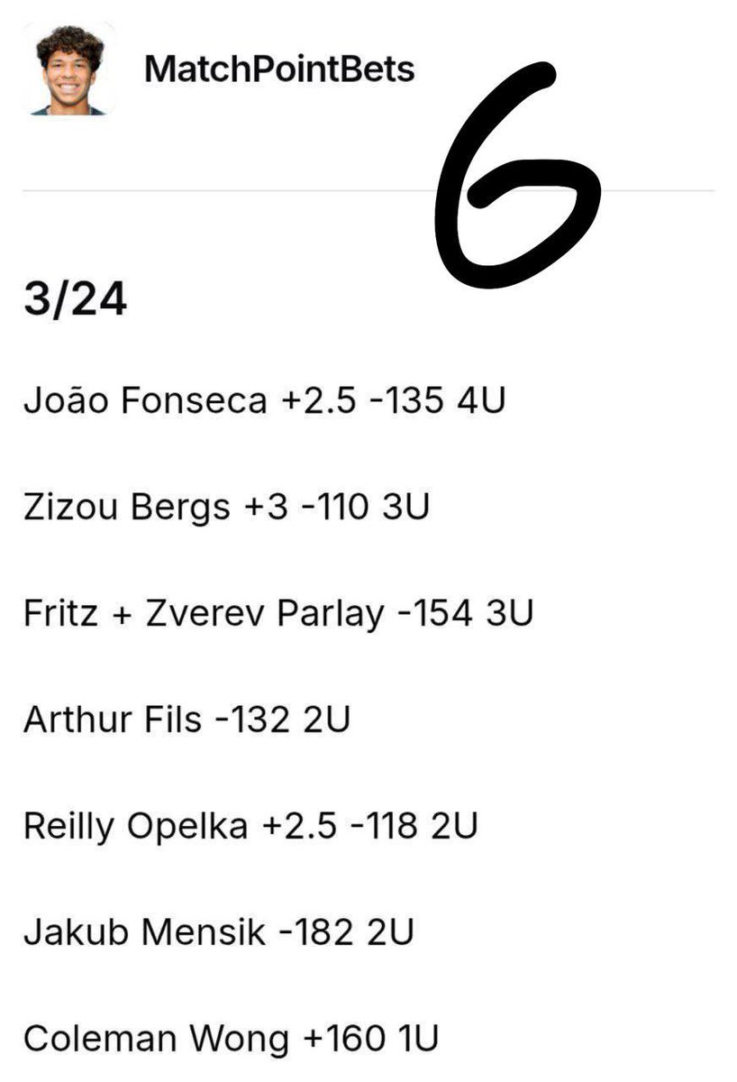 SyakiraAiman's tweet image. 5)#ParlaySafari Tennis
35$/week FREE for friends Carl Anthony.

6)#MatchPointBets Tennis
19$/week FREE for friends Carl Anthony.

7)#SetPointBets Tennis
13$/week FREE for friends Carl Anthony.

8)#OutofLineBets Tennis
25$/week FREE for friends Carl Anthony.