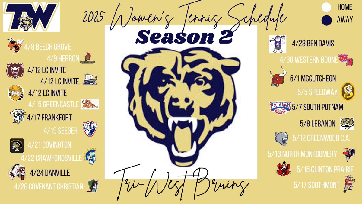 The 2025 Season Schedule for your  Lady Bruins Tennis Team. We hit the ground running right after spring break with a future Hoosier Legends Conference opponent in Beech Grove. <a href="/triwestsports/">Tri-West High School Athletics</a>  <a href="/ScottFrye37/">Scott Frye</a>  <a href="/TWSportsNetwork/">Tri-West Sports Network</a>