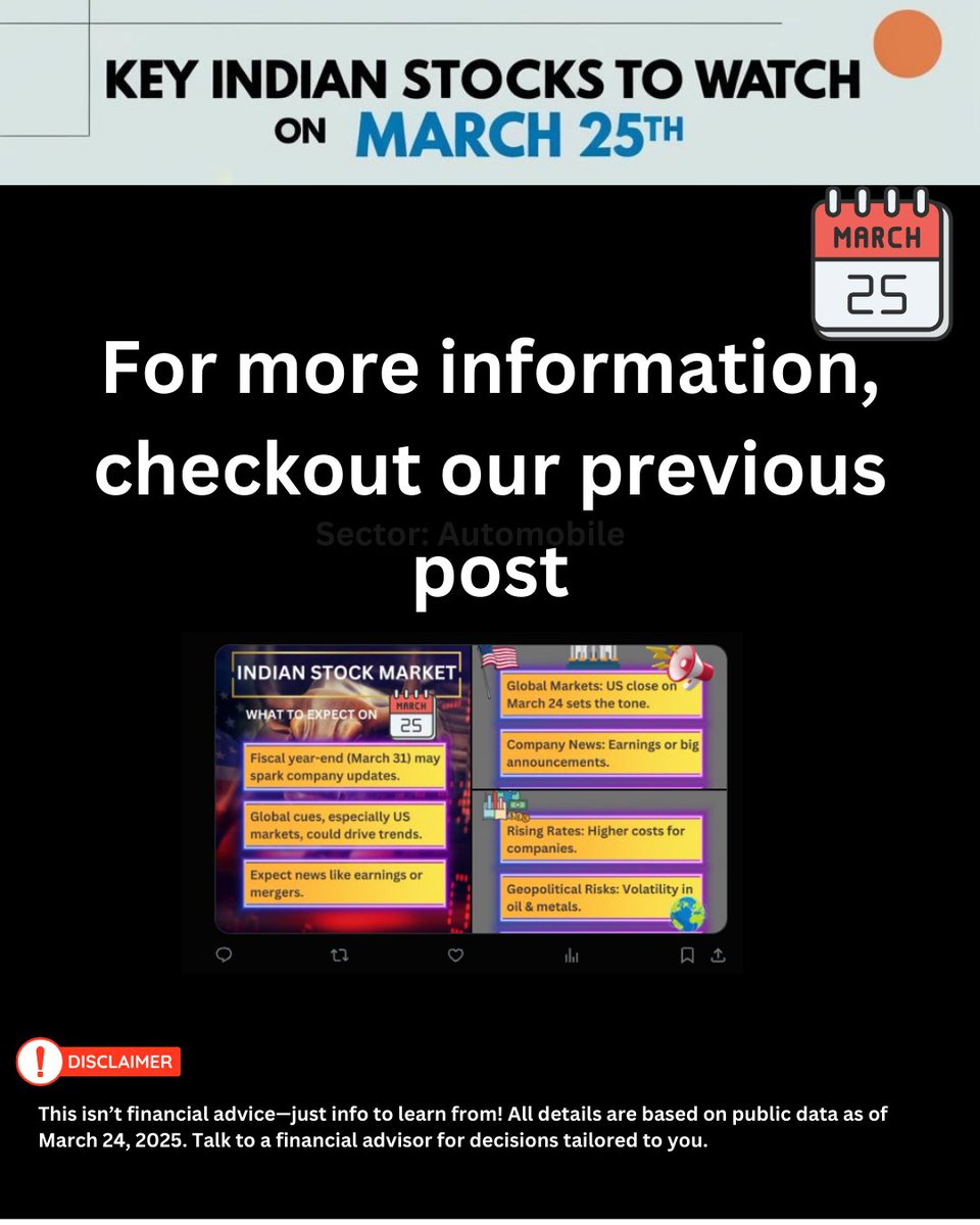 _stockmarketips's tweet photo. Here’s a clear list of stocks to watch out for tomorrow, March 25, 2025, based on current market trends &amp; fiscal year-end context. 

Disclaimer: This is for educational purpose only please consult a financial advisor before making any investment moves!
#IndianStockMarket#NSE#BSE https://t.co/nd0Fkd3KBT