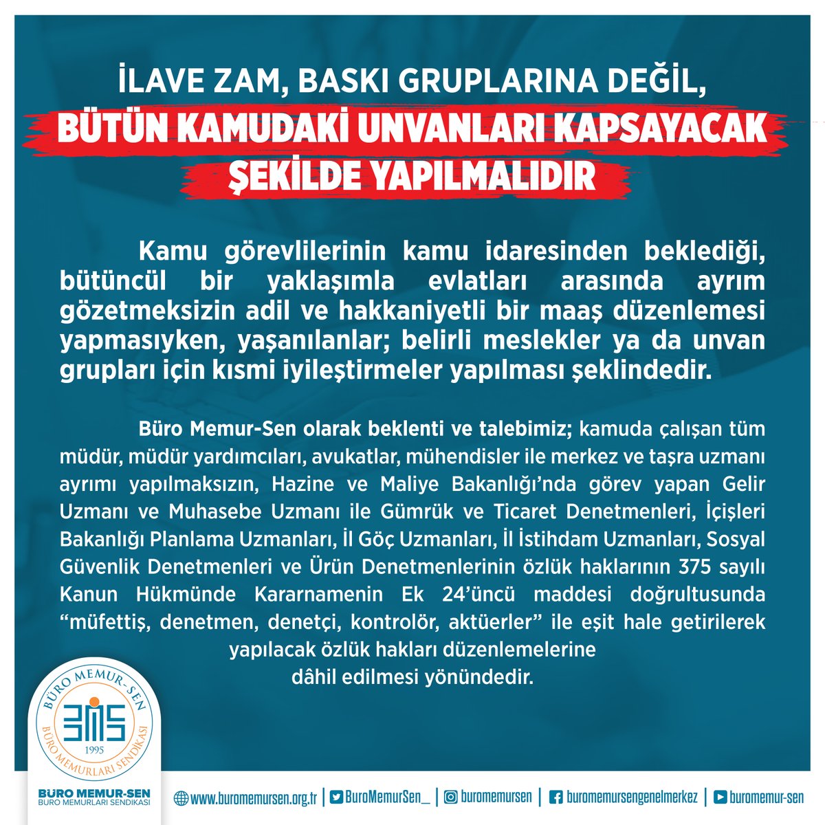İLAVE ZAM, BASKI GRUPLARINA DEĞİL,
BÜTÜN KAMUDAKİ UNVANLARI KAPSAYACAK ŞEKİLDE YAPILMALIDIR❗️

📌Önceki yıllarda, daire başkanı ve üstü düzeyde görev yapan kamu idarecilerine yapılan ilave zam sonrası, bir süredir kariyer merkez uzmanları ve müfettişlerce kendilerine de