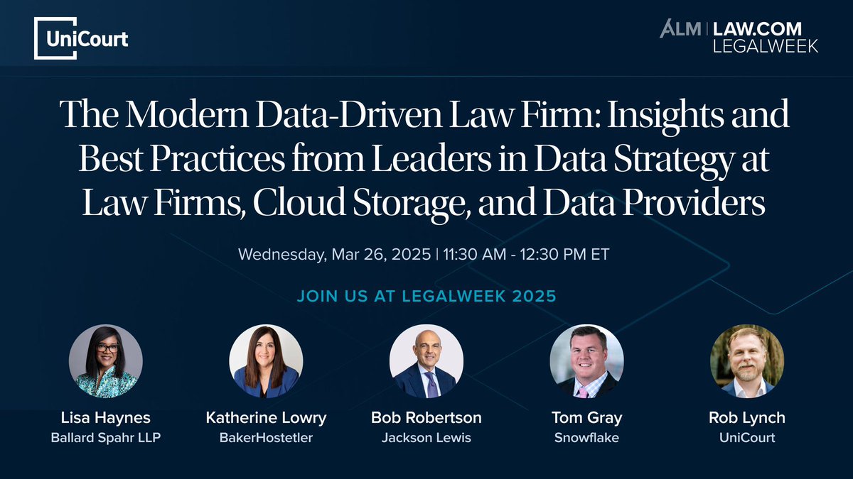 UniCourt (@unicourtinc) on Twitter photo Listen in on some of the preeminent leaders in legal data strategy as they discuss their valuable insights and best practices.
Lisa Mayo Haynes (Director of Technology Innovation <a href="/BallardSpahrLLP/">Ballard Spahr LLP</a>), Katherine Lowry (CIO <a href="/BakerHostetler/">BakerHostetler</a>), Tom Gray (Senior Manager, Financial Listen in on some of the preeminent leaders in legal data strategy as they discuss their valuable insights and best practices.
Lisa Mayo Haynes (Director of Technology Innovation <a href="/BallardSpahrLLP/">Ballard Spahr LLP</a>), Katherine Lowry (CIO <a href="/BakerHostetler/">BakerHostetler</a>), Tom Gray (Senior Manager, Financial
