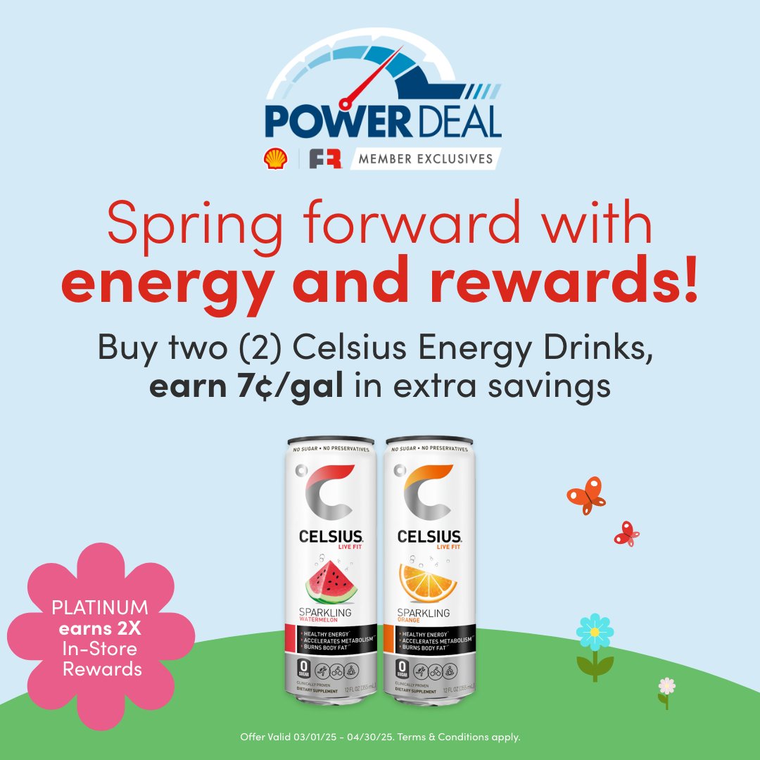 Power up your day and your fuel savings! ⚡ Buy two (2) Celsius energy drinks at a participating Shell station to earn 7¢/gal in extra fuel savings. Details here: bit.ly/3XPEAZd