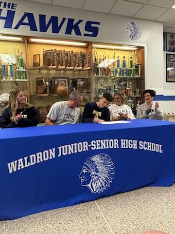 Congrats to Lucas Shaw for signing his letter to continue his academic and athletic career at Trine University next fall! Thanks to all of his family , friends , and teammates that came out to support him! <a href="/WaldronSports/">Waldron Athletics</a> <a href="/MooseShaw88/">John Shaw</a> <a href="/mohawks1991/">Lori Shaw</a> <a href="/Sportsboss4life/">Jeff Brown</a> <a href="/KrisMills007/">Kris Mills</a>