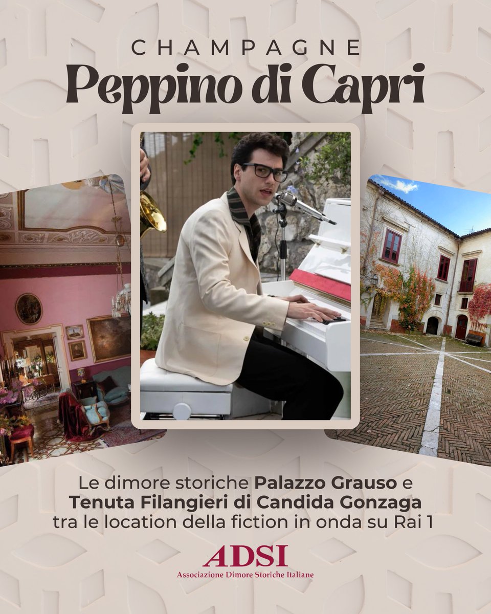 Stasera in prima serata su <a href="/RaiUno/">Rai1</a> andrà in onda la fiction “Champagne – Peppino di Capri".

Le dimore storiche Palazzo Grauso e Tenuta Filangieri di Candida Gonzaga tra le location scelte per girare il film che racconta la vita e le musiche dell’artista.

dimorestoricheitaliane.it/location/set-c…