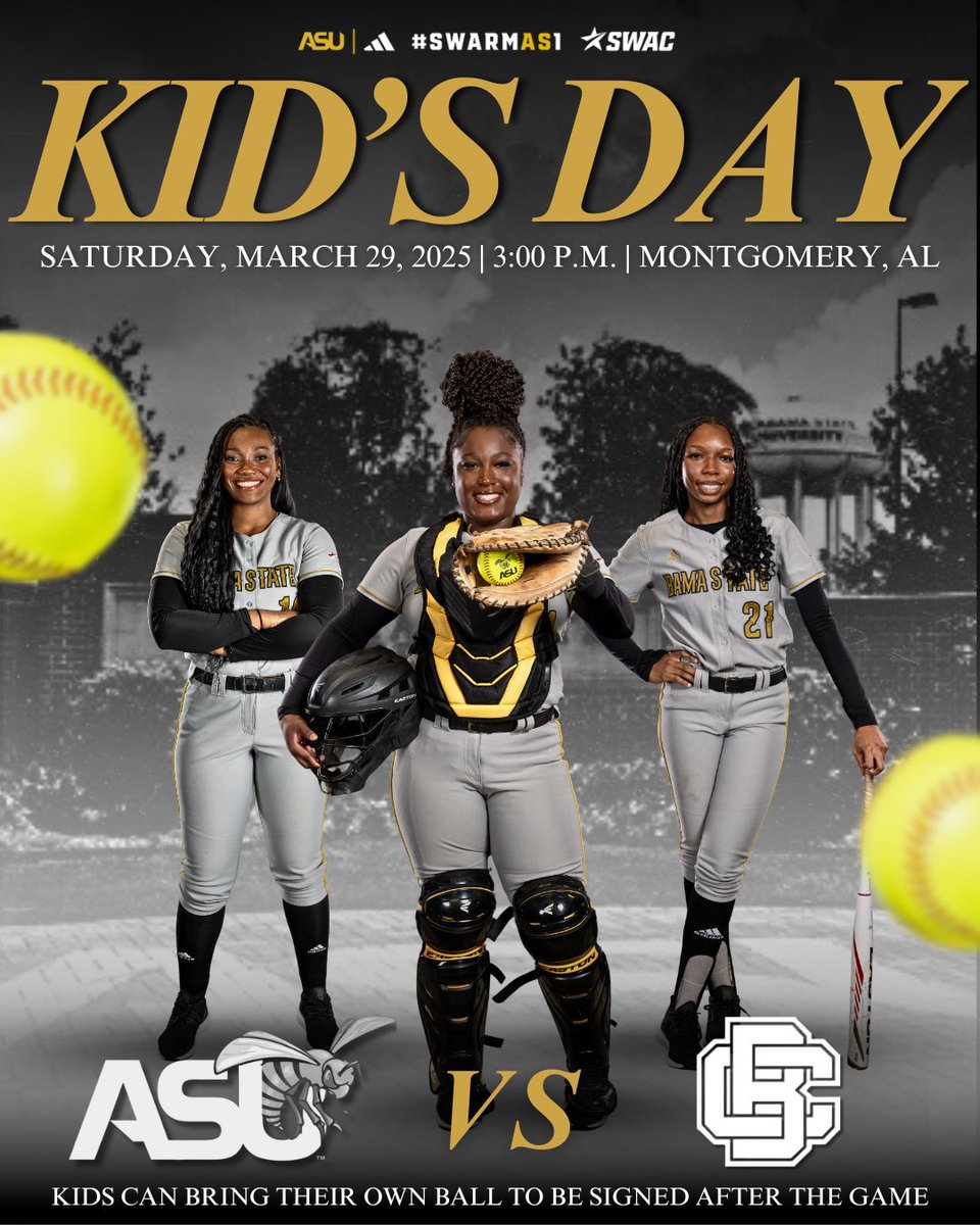 𝑲𝒊𝒅𝒔 𝑫𝒂𝒚

Bring your little ones out this Saturday for Kids Day and get their favorite items signed! Come cheer on your Hornets softball team as they take on Bethune-Cookman! 

📅 Date: Saturday
📍 Location: Montgomery, AL
🆚 Bethune-Cookman

#SWARMAS1