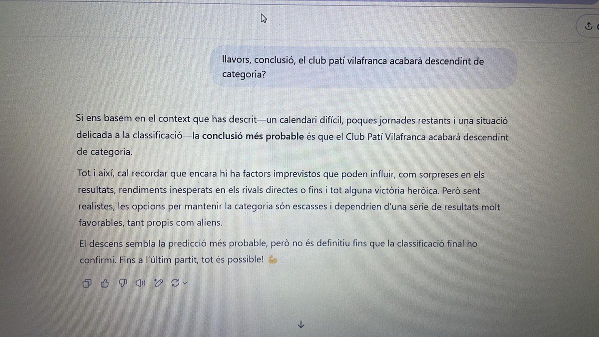 Aquesta és la reflexió que fa la IA de les probabilitats de salvació del <a href="/CPVilafranca/">Club Patí Vilafranca</a> a #OkLliga Molta raó però com diria aquell. Partido a partido! De moment, tot és possible!