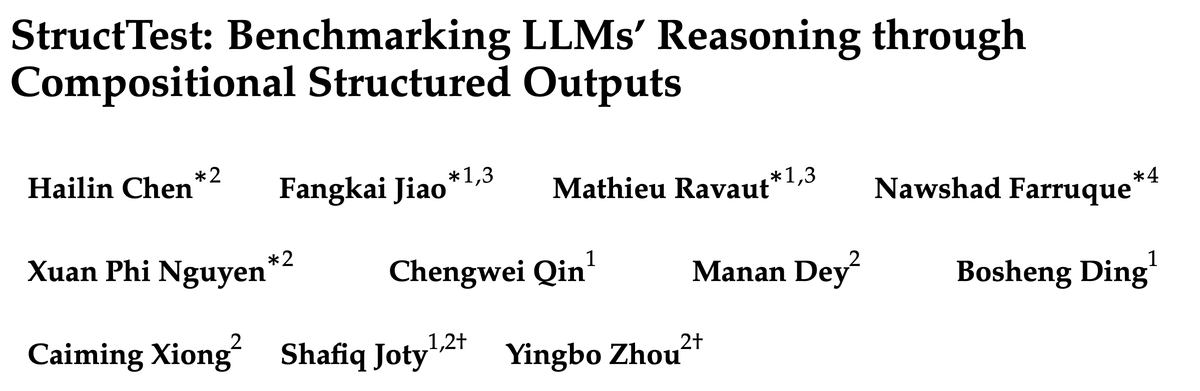 Caiming Xiong (@caimingxiong) on Twitter photo Testing LLMs' reasoning skills is tough—human evaluations are expensive, data contamination is common, and LLM judges can be biased. We propose StructTest, the first benchmark that checks how well LLMs follow complex instructions and create structured outputs. It uses a Testing LLMs' reasoning skills is tough—human evaluations are expensive, data contamination is common, and LLM judges can be biased. We propose StructTest, the first benchmark that checks how well LLMs follow complex instructions and create structured outputs. It uses a