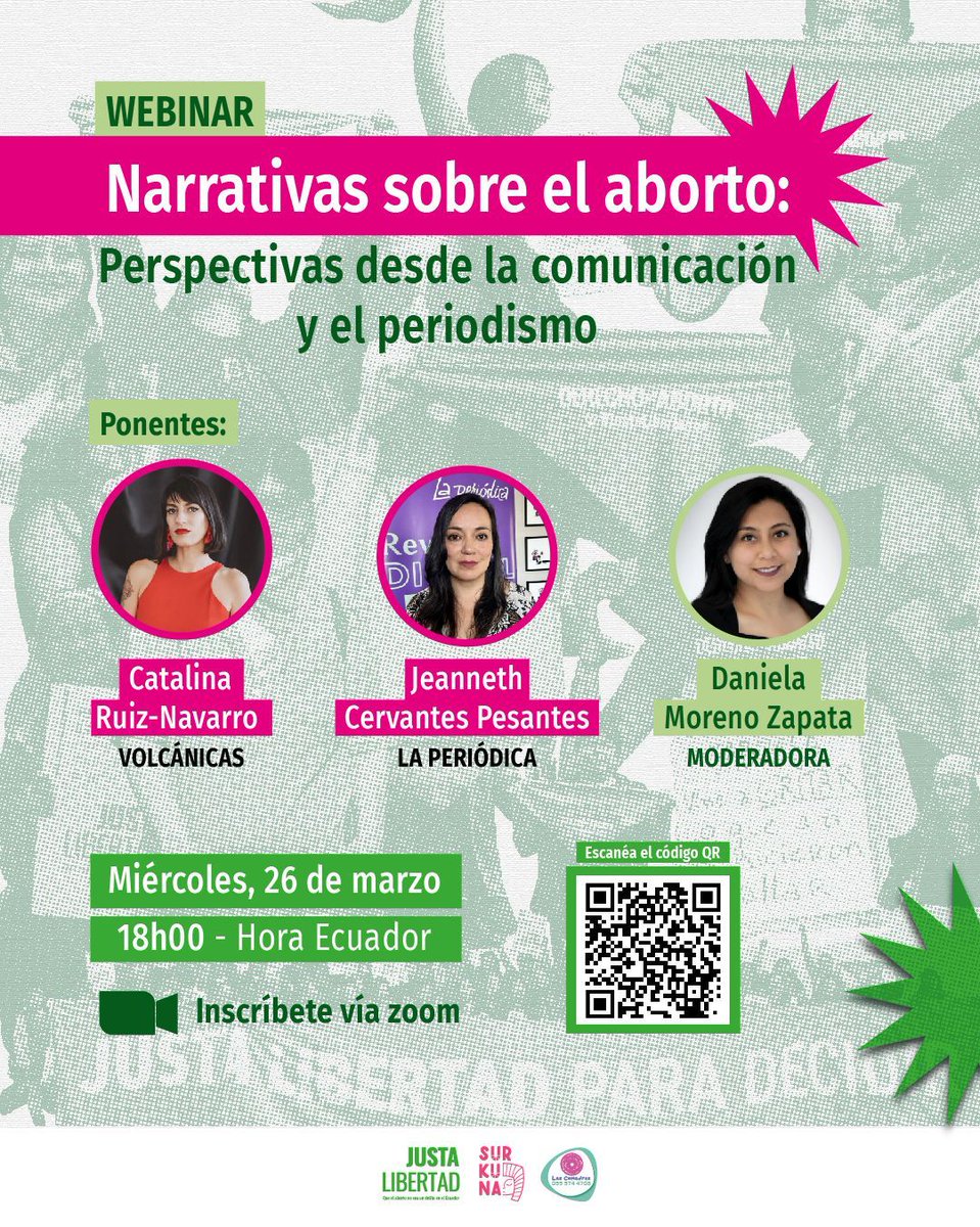 Las periodistas feministas tenemos mucho que decir sobre el #Aborto 💚
¡Conéctate y conversemos!
<a href="/justalibertadec/">Justa Libertad Ecuador</a> <a href="/JanetaCervantes/">sumakwarmi</a> 

Registro: us02web.zoom.us/meeting/regist…
