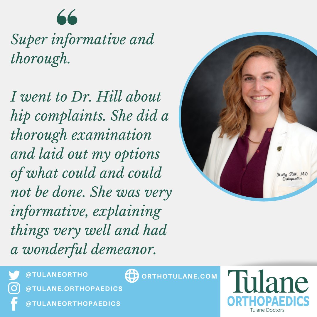TulaneOrtho's tweet photo. For today's #DoctorSpotlight, we're featuring Dr. Kelly Hill. Look to see what people are saying about her in the community. If you would like to request an appointment with her, call 504-988-8476 or visit https://t.co/PyPD3RbNHP.
#orthopedicsurgery #sportsmedicine #orthotwitter https://t.co/jZiQOH26Xt