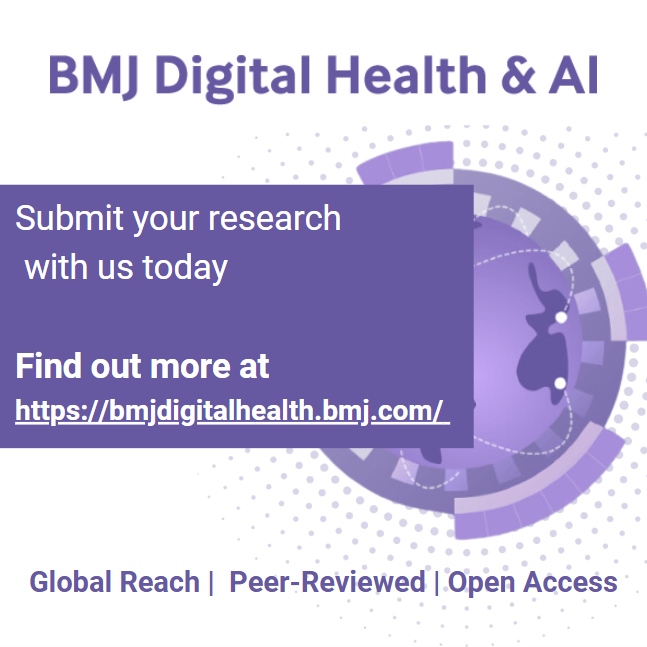 Explore the future of healthcare! 🌐 The new BMJ Digital Health &amp; AI journal is live—featuring groundbreaking research at the intersection of technology and medicine. Visit now and submit your work today! 🚀 #DigitalHealth #AI bmjdigitalhealth.bmj.com