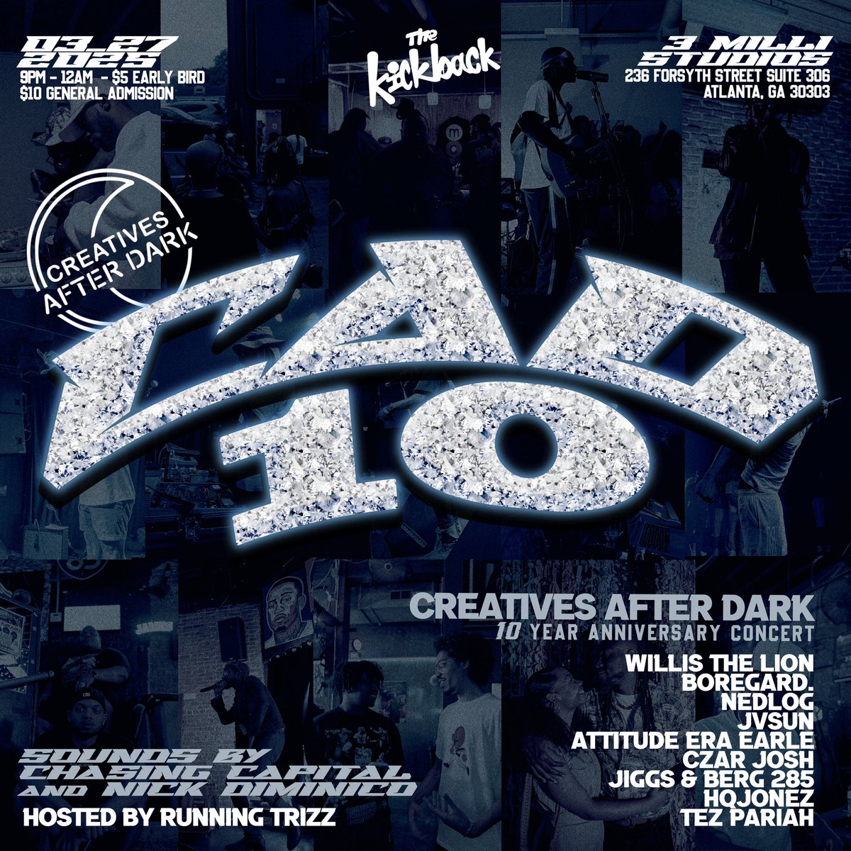 Zone 3 Rich Paul (@bigjocatl) on Twitter photo 10 Years Of <a href="/CADRecs/">Creatives After Dark</a> Shows This Thursday. 9PM-12AM.
Hosted By <a href="/browardbully/">Twi. 🇭🇹</a> + <a href="/LO_N0EL/">Lo Noel</a>
Sounds By <a href="/ChasingCapital/">Cha$e</a> + <a href="/nickdiminico/">maybe: nick diminico</a>
Performances By <a href="/Jiggs285/">Liotta's Way🥀</a> <a href="/berg285/">GET RICH AND PEOPLE ENVY</a> <a href="/ThatGuyVeezy/">That Guy Veezy</a> <a href="/czarjoshmusic/">CZAR. 👑</a> <a href="/itzhqjonez/">HQ JONEZ</a> <a href="/sirboregard/">EDIBLE MUSIC VIDEO OUT NOW!</a> <a href="/TezGVNE/">CURT</a> + More!
Tickets: eventbrite.com/e/creatives-af… 10 Years Of <a href="/CADRecs/">Creatives After Dark</a> Shows This Thursday. 9PM-12AM.
Hosted By <a href="/browardbully/">Twi. 🇭🇹</a> + <a href="/LO_N0EL/">Lo Noel</a>
Sounds By <a href="/ChasingCapital/">Cha$e</a> + <a href="/nickdiminico/">maybe: nick diminico</a>
Performances By <a href="/Jiggs285/">Liotta's Way🥀</a> <a href="/berg285/">GET RICH AND PEOPLE ENVY</a> <a href="/ThatGuyVeezy/">That Guy Veezy</a> <a href="/czarjoshmusic/">CZAR. 👑</a> <a href="/itzhqjonez/">HQ JONEZ</a> <a href="/sirboregard/">EDIBLE MUSIC VIDEO OUT NOW!</a> <a href="/TezGVNE/">CURT</a> + More!
Tickets: eventbrite.com/e/creatives-af…