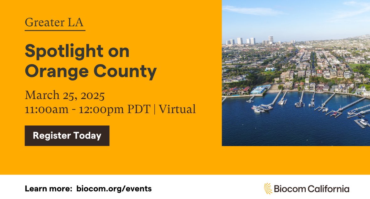 BiocominLA's tweet photo. ICYMI: We are hosting a #Spotlight webinar tomorrow 🗓️ 3.25 at 🕚 11AM PDT, focused on #OrangeCounty. Come join the conversation as we hear from our #expert speakers on #lifescience industry #trends, #challenges, and #opportunities. Register here 👉 https://t.co/NWMMYsJhwR 💡🧪🔬 https://t.co/XDIXaJIOqR