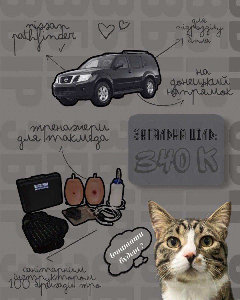 ДРУЗІІІ маю збір 🙂‍↕️
на авто для підрозділу БПЛА який працює на Донецькому напрямку і на тренажери з такмеду для 100 бригади ТрО

якщо бачиш цей твіт задонать грошей і обовʼязково зроби репост  

бо то важливо ❤️

наша ціль: 340 000 гривень

банка: send.monobank.ua/jar/HhjLqUwBC