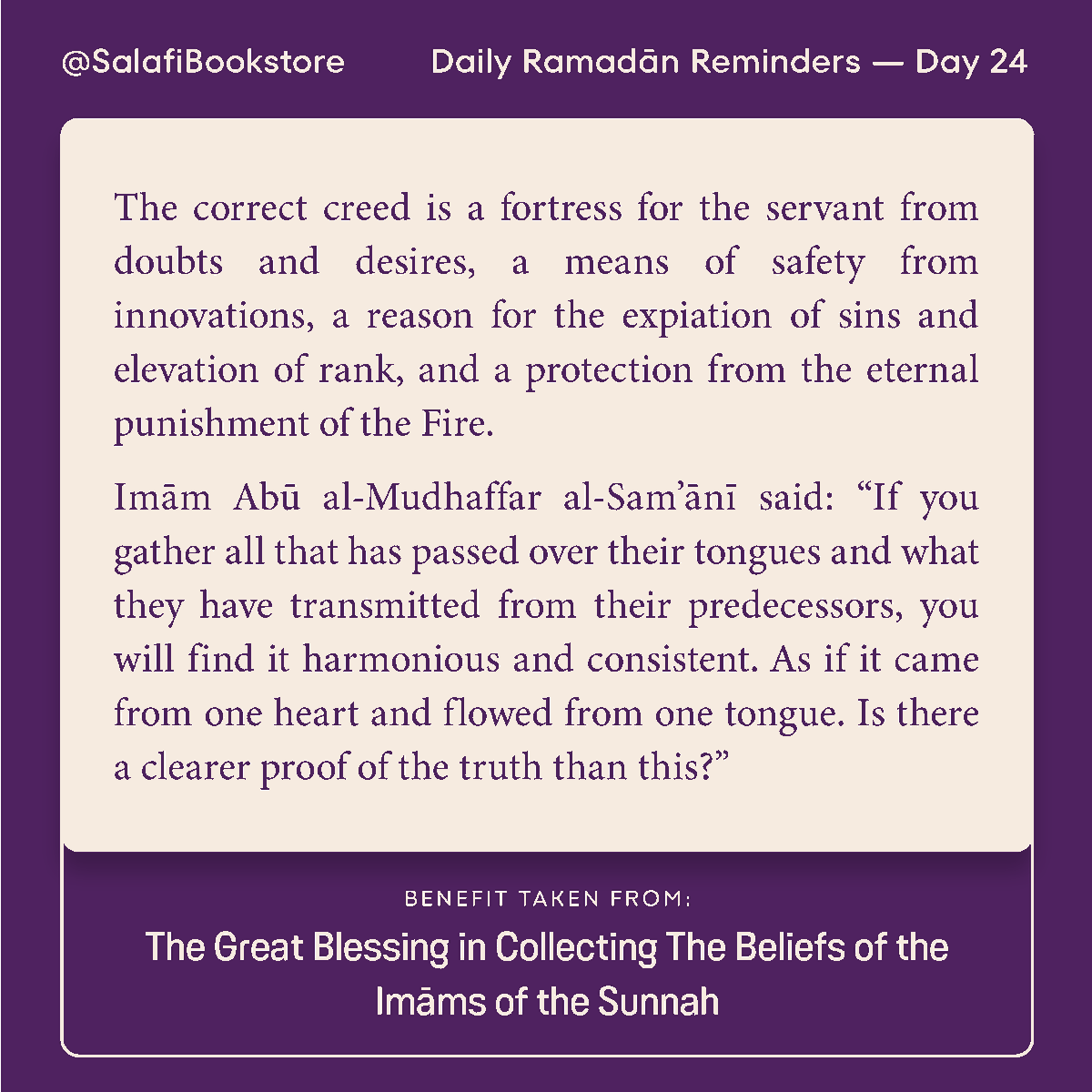 SalafiBookstore's tweet photo. #RamadanReminders1446 – Day 24
The correct creed is a fortress for the servant from doubts and desires...
Read on: https://t.co/a6UKpW1LAC
#Ramadan #Reminders #Islam #Salafi #LastTen #Eid #Sawm #Manhaj #Salafiyyah #Collection #Creed #Manhaj