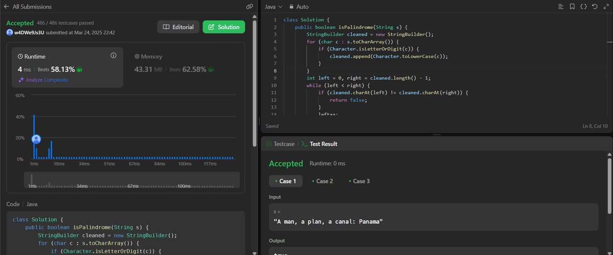 abhishekk_013's tweet image. Day 83 of @Java Learning Series (JLS):

Solved the Valid Palindrome problem on @LeetCode
Used StringBuilder to filter out non-alphanumeric characters and applied the classic two-pointer approach to validate the palindrome.
Achieved an efficient 4ms runtime.🚀
#Java #StringBuilder