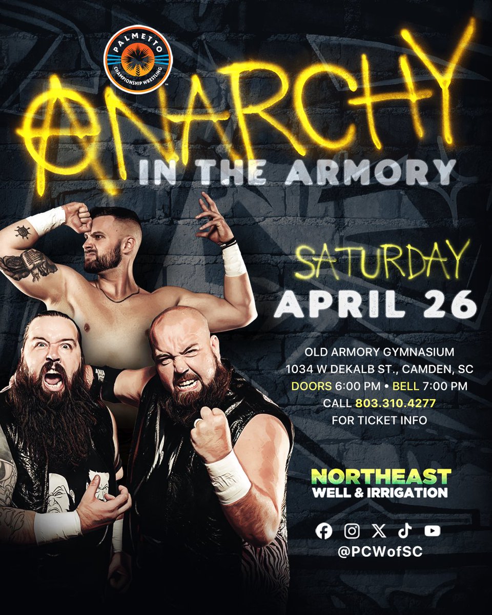 PCWofSC's tweet image. #PCW returns to #Camden #SouthCarolina with Anarchy in the Armory on April 26th! Don’t miss the best #live #entertainment in #KershawCounty! #fyp #local #family #fun #viral #X #instagram #facebook #event