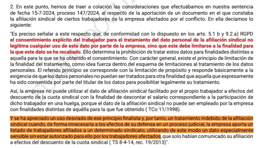 ⚠️ Recordatorio 🚨
✅ «El consentimiento explícito del trabajador para el tratamiento del dato personal de la #afiliaciónsindical no legitima cualquier uso de este dato por parte de la empresa, sino que este debe limitarse a la finalidad para la que este dato se ha recabado». 🧶