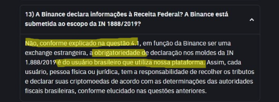 livecoinsBR's tweet photo. Binance diz que não faz reportes à Receita, sendo obrigatoriedade do próprio investidor.

O motivo citado é que a Binance não possui CNPJ ou residência fiscal no Brasil, sendo corretora de criptomoedas estrangeira. https://t.co/U4k4KE54E5