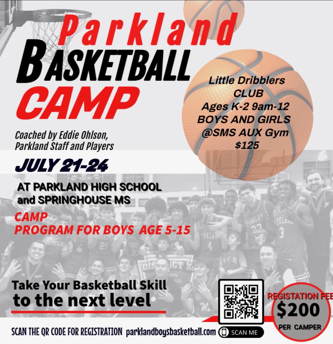 Scan the QR code below to sign up for this year’s Parkland Boys Basketball Camp. Camp will be held from July 21st to July 24th and will include ages 5-15. We look forward to seeing our future stars! #ParklandBoysBasketballCamp #GoTrojans #FutureTrojans 🏀