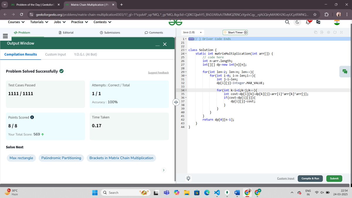 mamtasingh1089's tweet image. Day 122/160: Optimizing Multiplications! Today's challenge: "Matrix Chain Multiplication"  Using dynamic programming  in my #gfg160 journey!
@geeksforgeeks
Committed to #GeekStreak2024! #Day122 #CodingChallenge #DSAJourney #TimeIsMoney