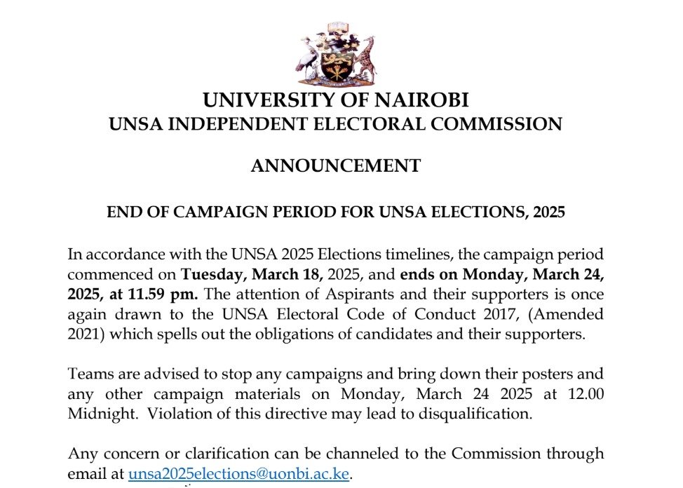 juliusmoryuki's tweet image. Today, 24th March 2025 at 11:59 marks the END of campaigns for the #UNSA2025.
Kindly adhere, announces @CouncilUnsa.
@uonbi
#WeareUoN