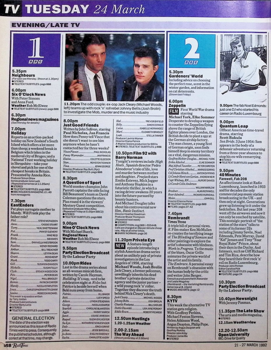 TvDidYouSee's tweet photo. #OnThisDay 24 March 1992 📺TV Listings
Pat plays surrogate mum to Mandy in #EastEnders.
1st appearance of DCI Jack Meadows, #SimonRouse, in #TheBill.
#HarryEnfield appears for the final time in MEN BEHAVING BADLY.
Comedy with KYTV, starring #AngusDeayton.
Drama in SUNDAY PURSUIT. https://t.co/FS9uLbDmH6