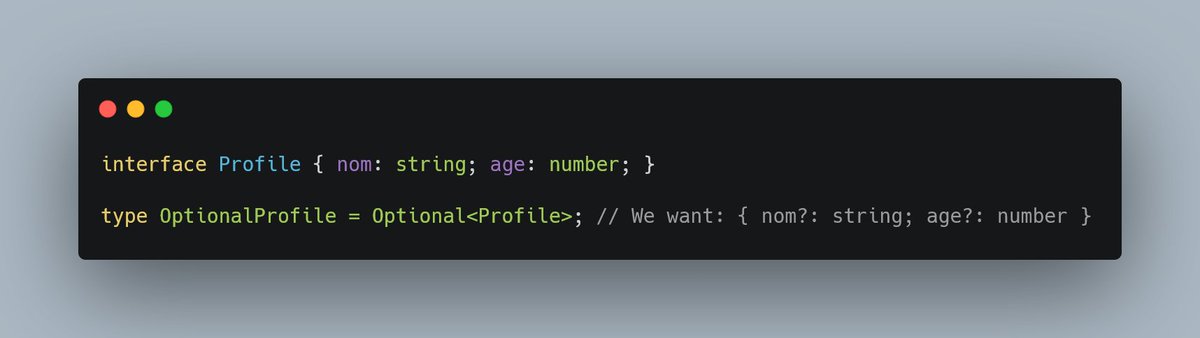 TSMastery_Off's tweet photo. Créer un type Optional<T> ⭐⭐⭐☆☆

TypeScript fournit un type utilitaire Partial<T> qui rend toutes les propriétés de T optionnelles. 

Sans l’utiliser, pouvez-vous créer un équivalent nommé Optional<T> ? 🤔 https://t.co/RtCDpL1NTx