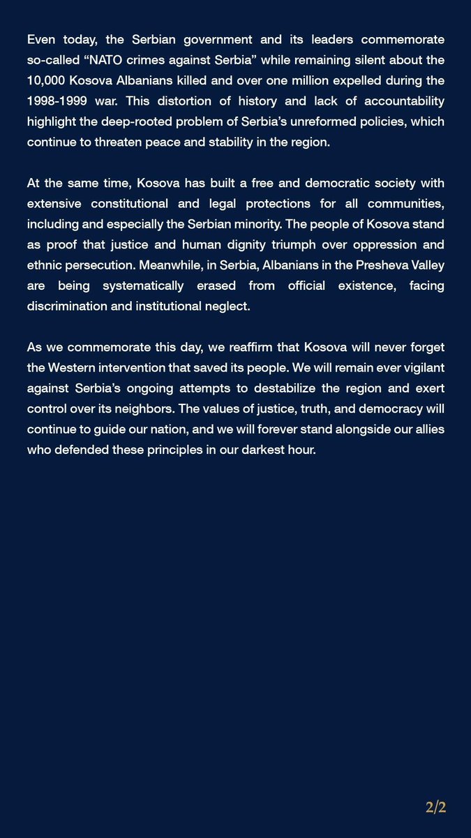 On March 24, 1999, an alliance of civilized nations, NATO, took action to stop a barbarian Serbian genocide in 🇽🇰. NATO secured a victory for humanity. The civilized world will always be proud. 🇽🇰 will never forget.