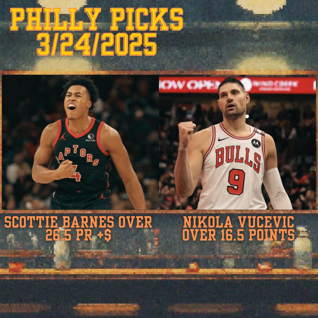 PHILLY PICKS🧀 FOR 3/24/2025

PLEASE SWEEP 🙏

SCOTTIE BARNES OVER 26.5 PR +$
NIKOLA VUCEVIC OVER 16.5 POINTS

LIKE IF YOU’RE TAILING 💛  

FOLLOW FOR FREE PROPS‼️  
#PrizePicks #GamblingX #SleeperPicks #Chalkboard #UnderdogFantasy #NBA