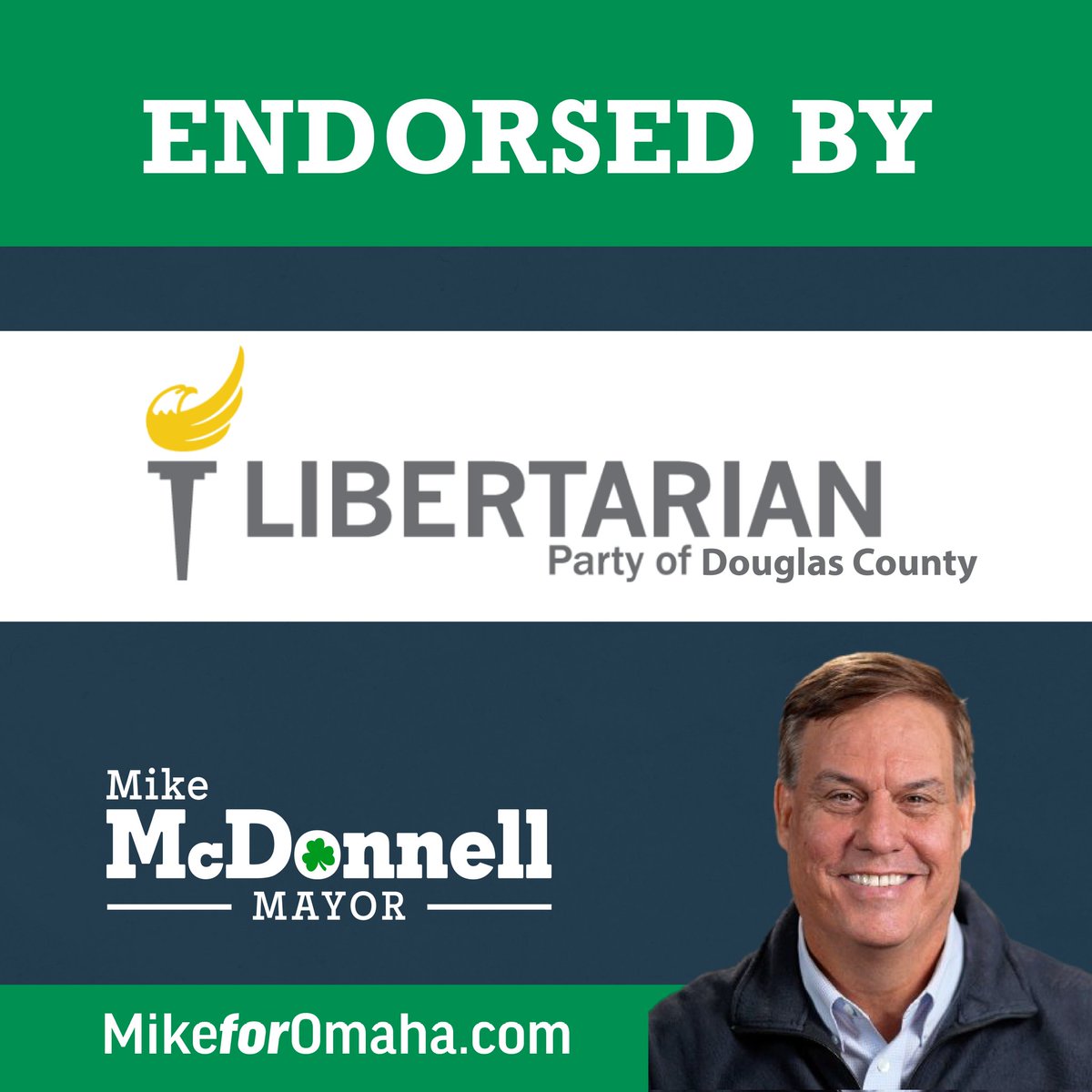 Thanks to the Douglas County Libertarian Party for their endorsement. As Omaha's next Mayor, I'll look forward to advancing our shared goals of economic opportunity, responsible spending, and protecting our individual liberties.
