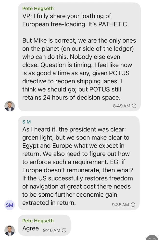 🇺🇸🤡 Du jamais vu en matière d’irresponsabilité.

Pete Hegseth, secrétaire à La Défense des USA, a dévoilé son plan d’attaque en amont des frappes sur les Houthis au Yémen…sur Signal… en y ajoutant un journaliste par erreur.

Ce genre de plan se coordonne normalement dans une