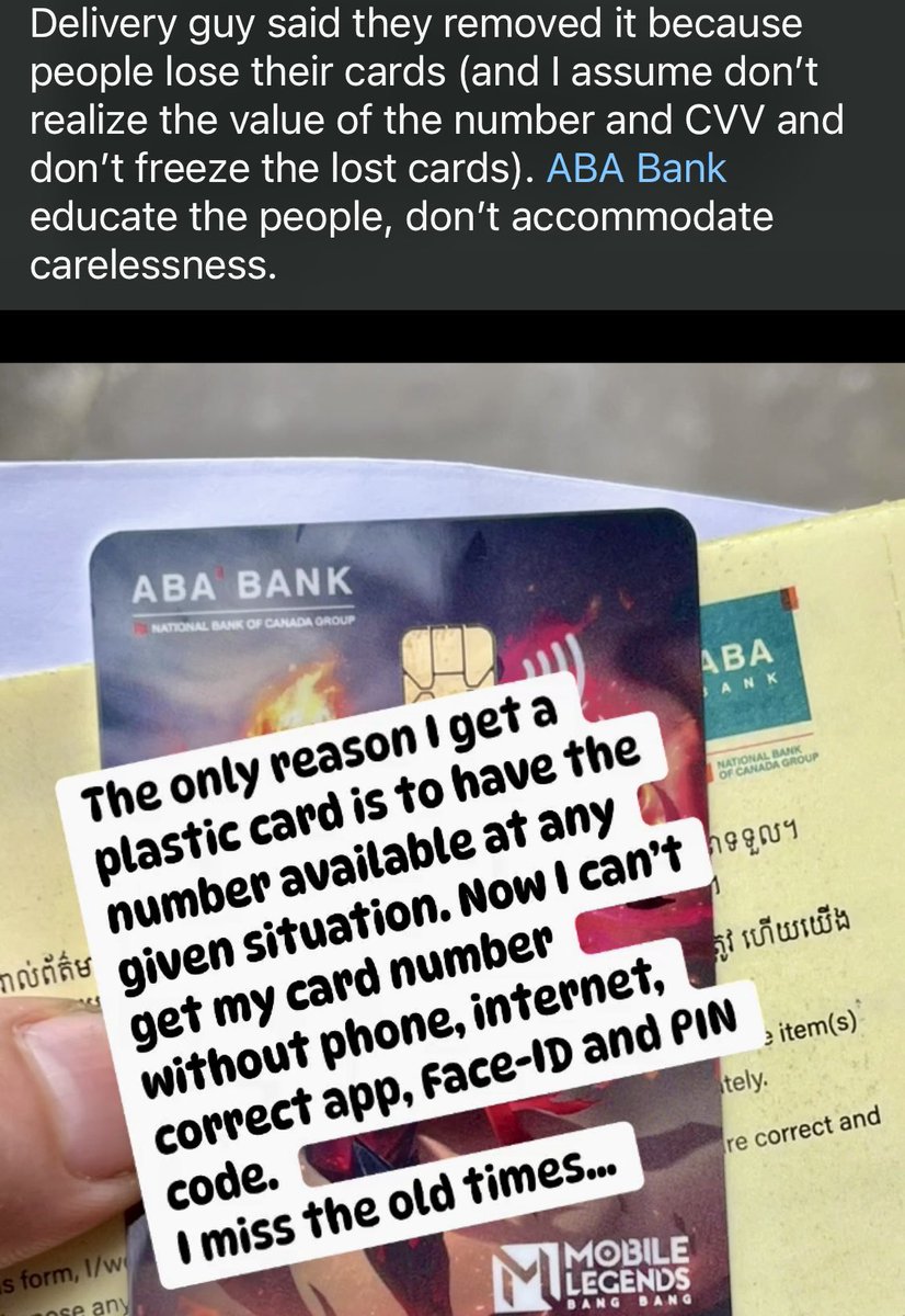 r2p289's tweet photo. @eternalsblink I live in a country where banks are actually trying to mitigate this kind of behavior. We laugh about it, but somewhere in Cambodia banks are scratching their heads thinking how to make lost and forgotten cards useless. 😅 https://t.co/qeLhWMzW6l