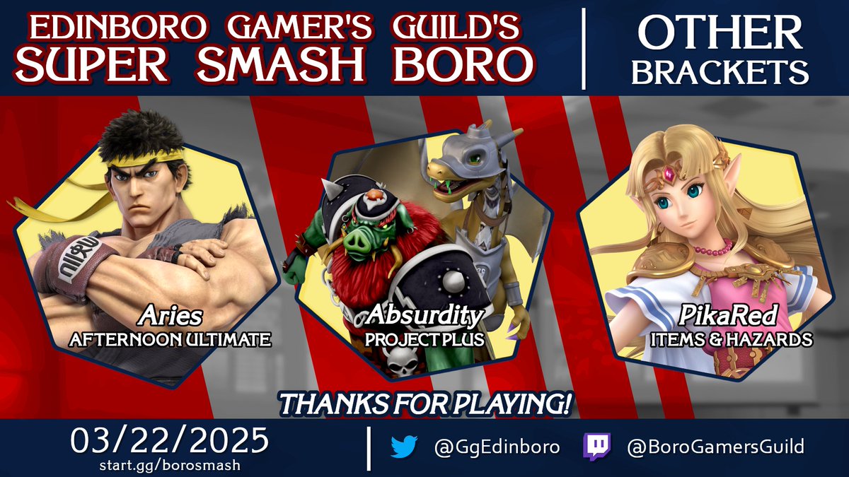 Here's your winners of our other brackets at Super Smash Boro #84.

- <a href="/gator_ssb/">𝐩𝐞𝐭𝐞𝐫</a> wins Afternoon Ultimate, beating Halo &amp; Aqqua
- <a href="/Absurdity_117/">Absurdity</a> wins a small Project+ round robin.
- <a href="/PikaRed_25/">PikaRed</a> wins the Items &amp; Hazards bracket, beating TheCarpe &amp; SpiralFoul