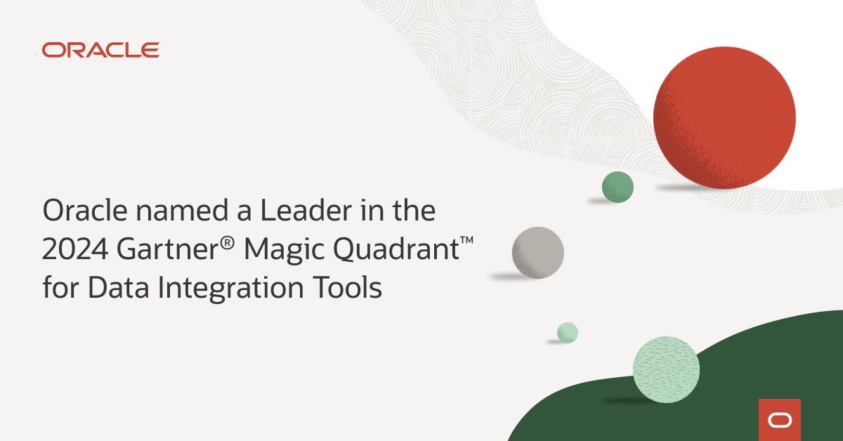 vijonline's tweet photo. Great news! @Oracle  has been named a Leader in the 2024 Gartner Magic Quadrant for Data Integration Tools. Find out why Gartner recognized Oracle as a Leader for 16 consecutive years, scoring us number one in operational data integration.
https://t.co/nuHi2JFHq7 https://t.co/jm0lS1Ifbi