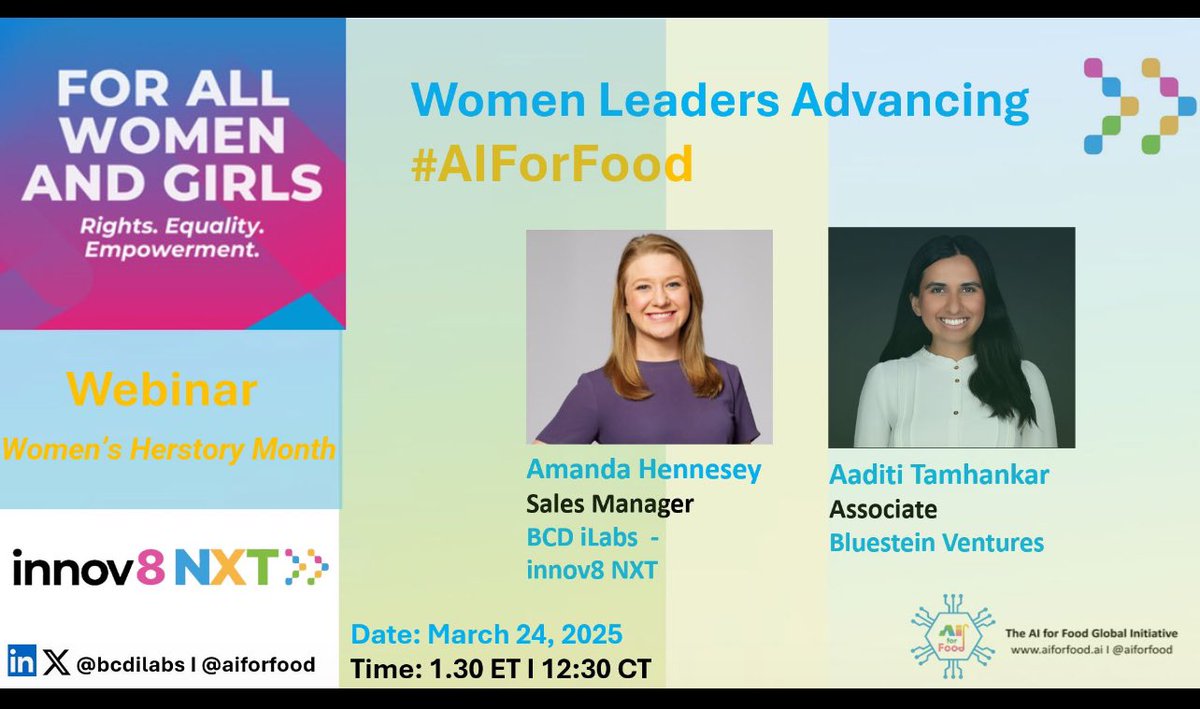 Starting: Webinar: Women Leaders Advancing #AIForFood

Join BCD iLabs #Innov8NXT and The AI For Food Global Initiative on March 24, 2025, from 1:30 PM to 2:30 PM ET / 12:30 PM to 1:30 PM CT for a special webinar in celebration of #WomensHertoryMonth.

This event will showcase the