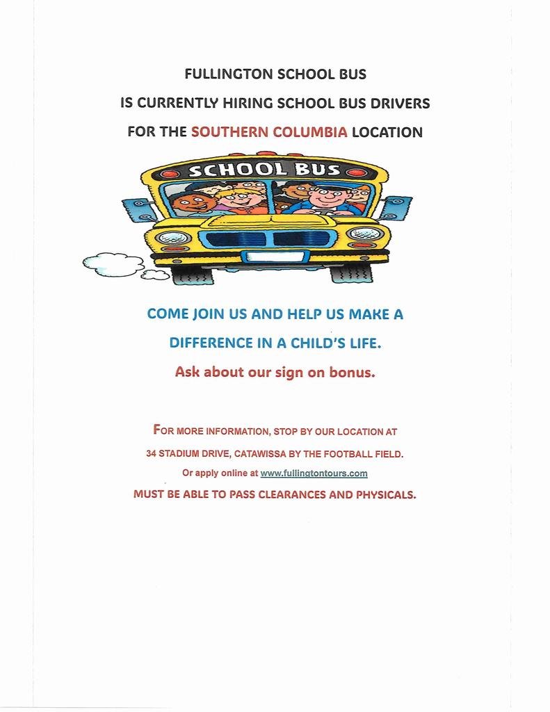 Fullington School Bus is currently hiring school bus drivers for the Southern Columbia location.