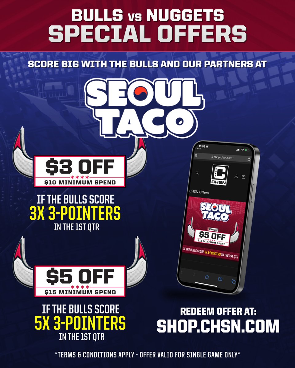 Bulls on CHSN (@chsn_bulls) on Twitter photo 🔥 Bulls vs. Nuggets tonight = your shot at <a href="/SeoulTaco/">SEOUL TACO | 🌮 Korean-Mexican Street Fare</a> savings!
If the Bulls hit 3 threes in the 1st quarter, you get $3 off.
If they hit 5, it jumps to $5 off ($10 or $15 min spend).
✔ FREE to sign up
✔ Valid at all Chicago Seoul Taco locations
✔ Offer good for 48 hours 🔥 Bulls vs. Nuggets tonight = your shot at <a href="/SeoulTaco/">SEOUL TACO | 🌮 Korean-Mexican Street Fare</a> savings!
If the Bulls hit 3 threes in the 1st quarter, you get $3 off.
If they hit 5, it jumps to $5 off ($10 or $15 min spend).
✔ FREE to sign up
✔ Valid at all Chicago Seoul Taco locations
✔ Offer good for 48 hours