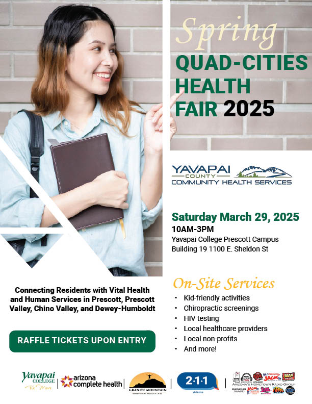 Yavapai College (@yavapaicollege) on Twitter photo One stop health Information and resources fair for everyone, 10 a.m. to 3 p.m. this Saturday in B-19 on the Prescott campus. One stop health Information and resources fair for everyone, 10 a.m. to 3 p.m. this Saturday in B-19 on the Prescott campus.