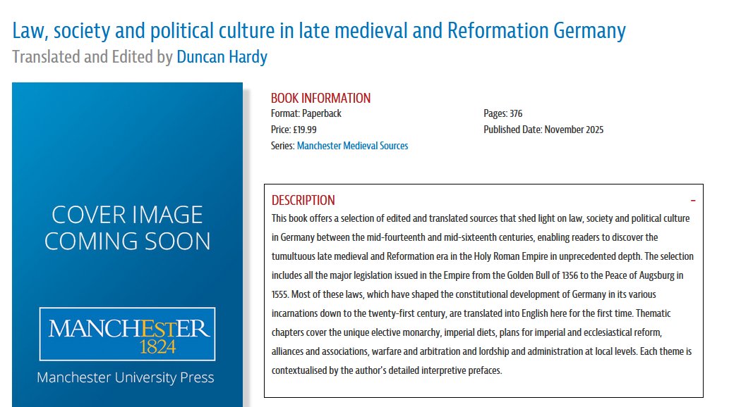My forthcoming sourcebook has a webpage! If you're interested in reading primary sources from a crucial period in the history of the Holy Roman Empire, mark your calendars for the November release! #medievaltwitter #Reformazing

manchesteruniversitypress.co.uk/9781526165893/