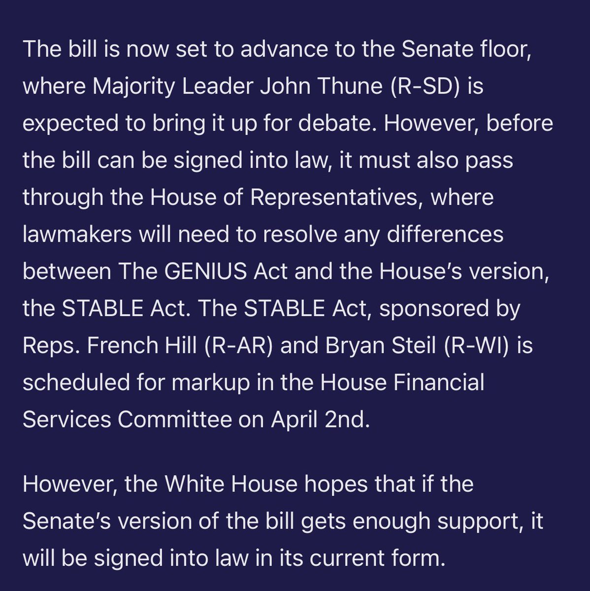 Shah rah π (@shrh56108161) on Twitter photo The GENIUS Stablecoin bill is heading for discussion in the Senate, while the House is set to pass its own version, called STABLE, on April 2. Once both are approved, <a href="/realDonaldTrump/">Donald J. Trump</a> will sign it into law and $___ will become the Digital Dollar!
1. #PI
2. #XRP
3. #XLM The GENIUS Stablecoin bill is heading for discussion in the Senate, while the House is set to pass its own version, called STABLE, on April 2. Once both are approved, <a href="/realDonaldTrump/">Donald J. Trump</a> will sign it into law and $___ will become the Digital Dollar!
1. #PI
2. #XRP
3. #XLM