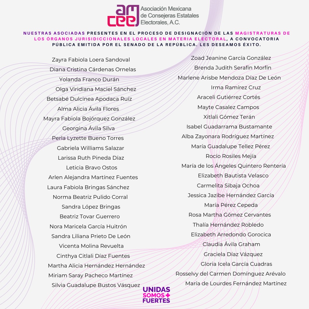 Les presentamos la lista de asociadas #AMCEE que se encuentran participando en el proceso de designación para las Magistraturas de los Órganos Jurisdiccionales Locales en Materia Electoral, les deseamos el mayor de los éxitos ✨️ #OrgulloAMCEE