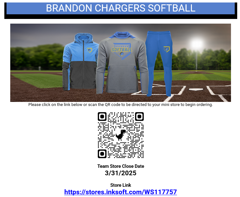 The Brandon MS Softball Team Link will be open 03/24/25-03/31/25. Please purchase your items now. Once the store is closed, it will not be available. Items purchased will be delivered 5/1/25.
stores.inksoft.com/WS117757