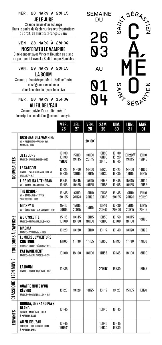 Horaires des séances pour la semaine du 26 mars au 1er avril
#nancy