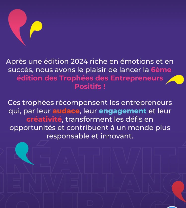 CPME 05 (@cpme05) on Twitter photo Entrepreneur(e) vous portez un projet à impact positif ?
Rejoignez cette aventure et tentez de décrocher l’un des 6 prix qui récompensent les valeurs
🏆 Éco-responsabilité
🏆 Courage
🏆 Solidarité
🏆 Bienveillance
🏆 Persévérance
🏆 Créativité
<a href="/alaingargani/">Alain Gargani</a>
<a href="/SylvieGalea/">Sylvie Galea</a>
CPME Entrepreneur(e) vous portez un projet à impact positif ?
Rejoignez cette aventure et tentez de décrocher l’un des 6 prix qui récompensent les valeurs
🏆 Éco-responsabilité
🏆 Courage
🏆 Solidarité
🏆 Bienveillance
🏆 Persévérance
🏆 Créativité
<a href="/alaingargani/">Alain Gargani</a>
<a href="/SylvieGalea/">Sylvie Galea</a>
CPME